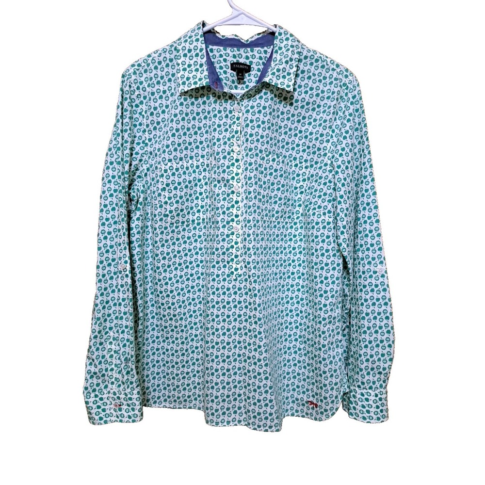 Talbots Women's Cotton Long Sleeve Half-Button Apple Print Blouse Tunic Shirt 14